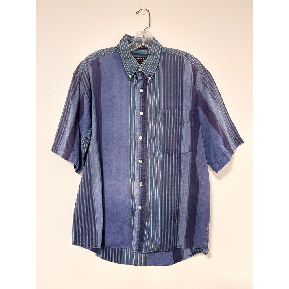 Vintage Colours by Alexander Julian Mens Medium Blue Green Striped Short Shirt